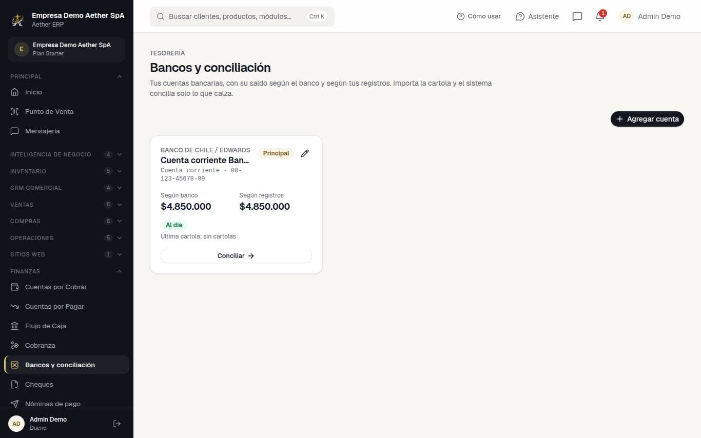 Captura de la pantalla: Bancos y conciliación bancaria