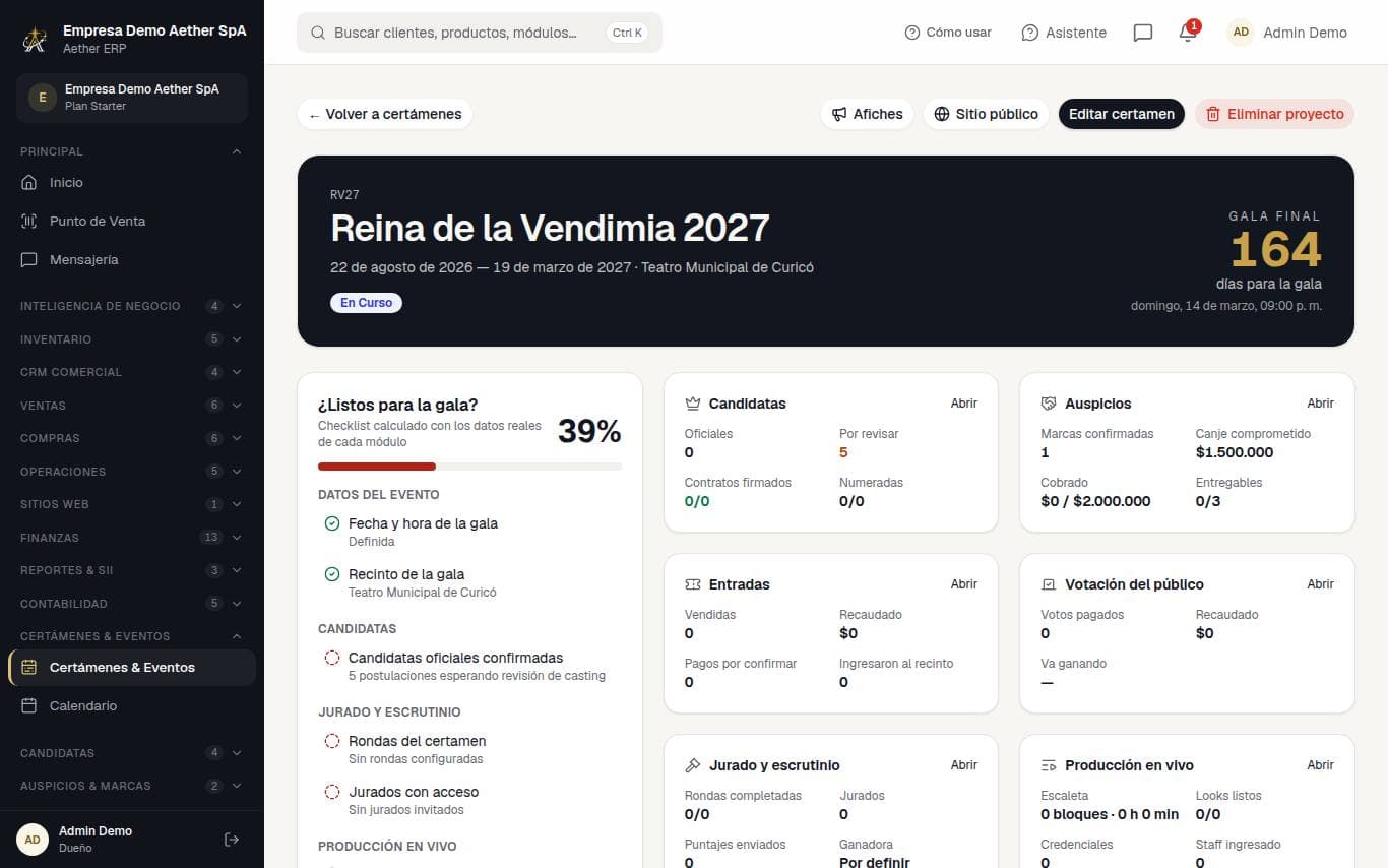 Captura de la pantalla: Certámenes y eventos (centro de mando)