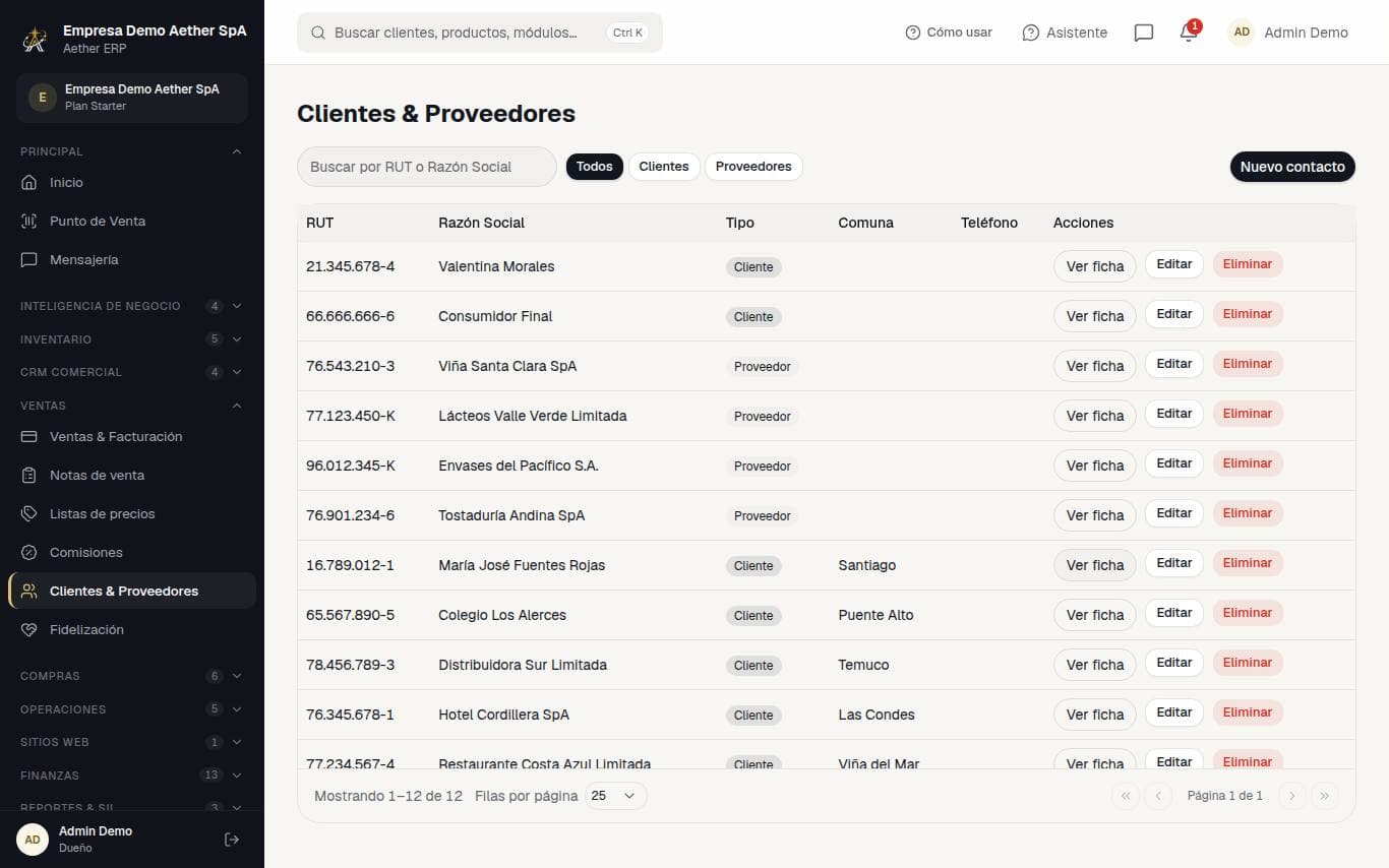 Captura de la pantalla: Clientes y proveedores
