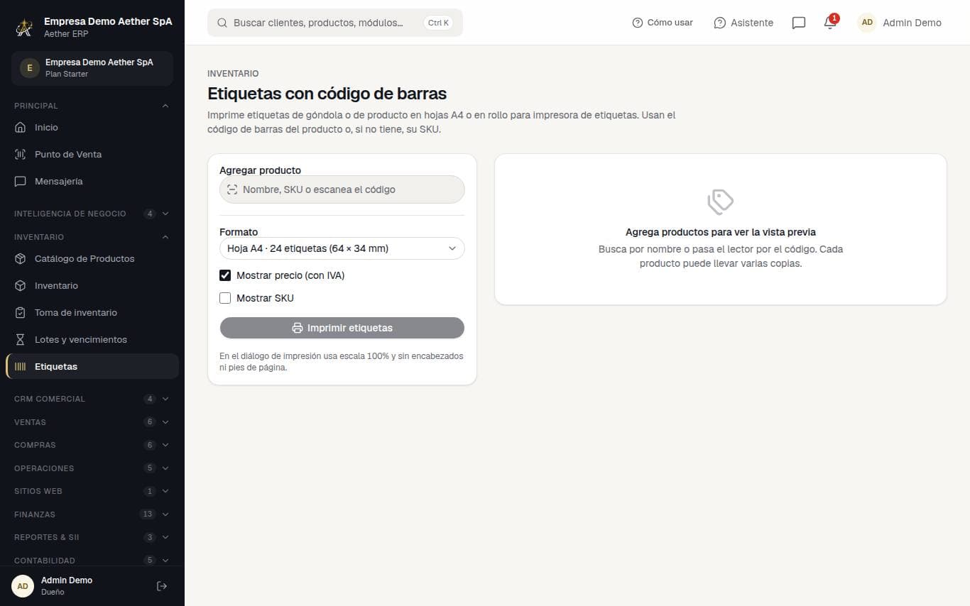 Captura de la pantalla: Etiquetas con código de barras