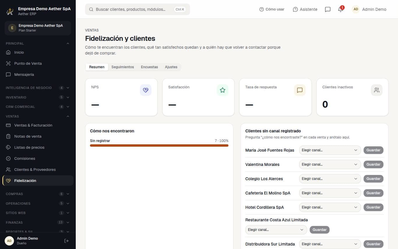 Captura de la pantalla: Fidelización y clientes