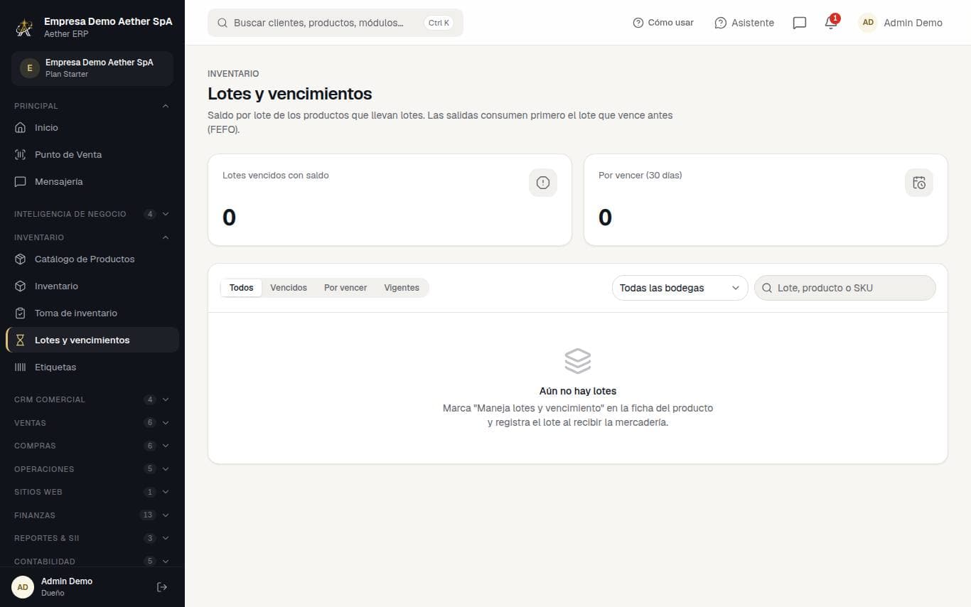 Captura de la pantalla: Lotes y vencimientos