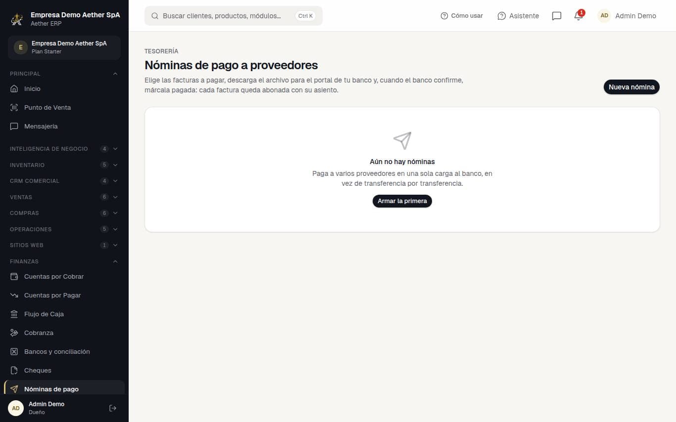 Captura de la pantalla: Nóminas de pago a proveedores