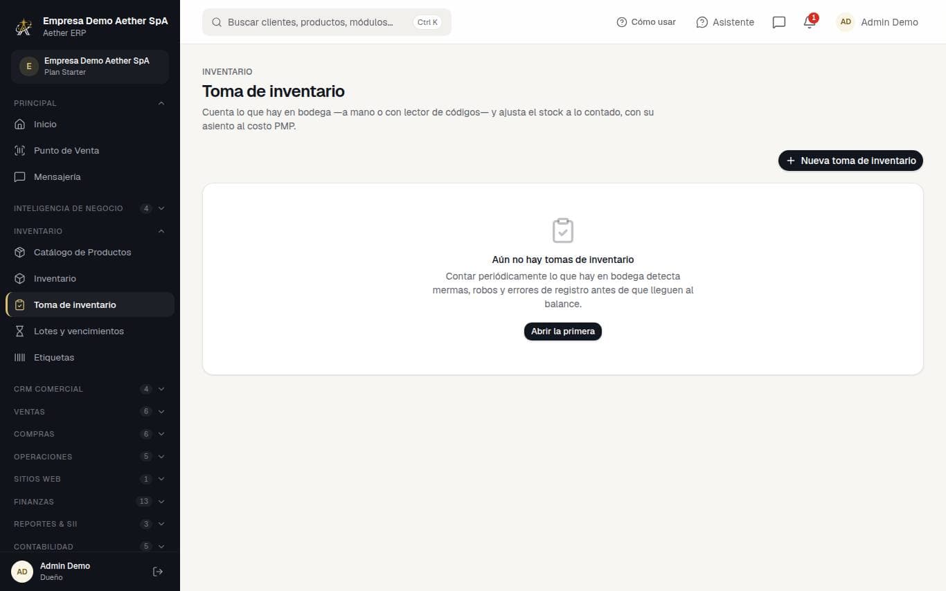 Captura de la pantalla: Toma de inventario (conteo físico)
