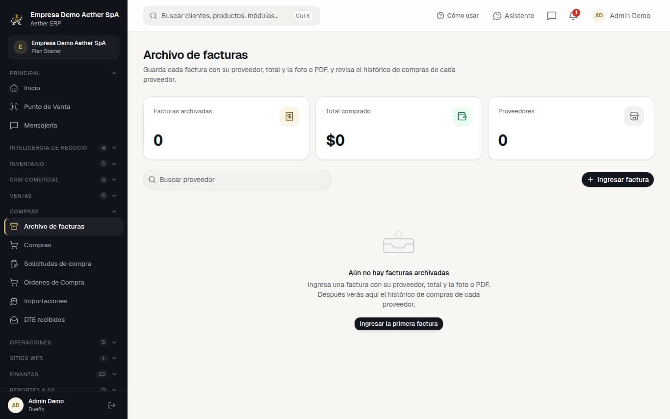 Captura de la pantalla: Archivo de facturas