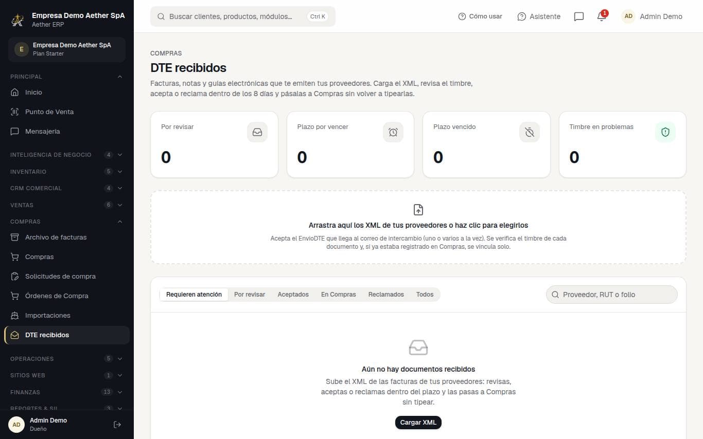 Captura de la pantalla: DTE recibidos (bandeja de facturas de proveedores)