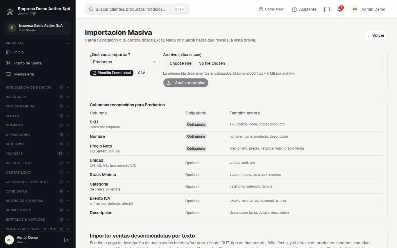 Captura de la pantalla: Importación masiva (Excel, texto y fotos)