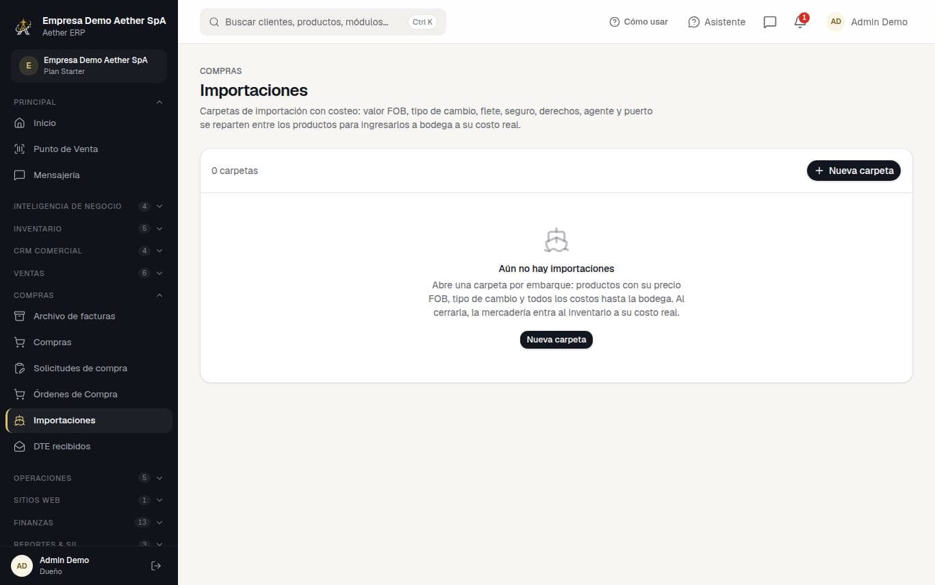 Captura de la pantalla: Importaciones con costeo