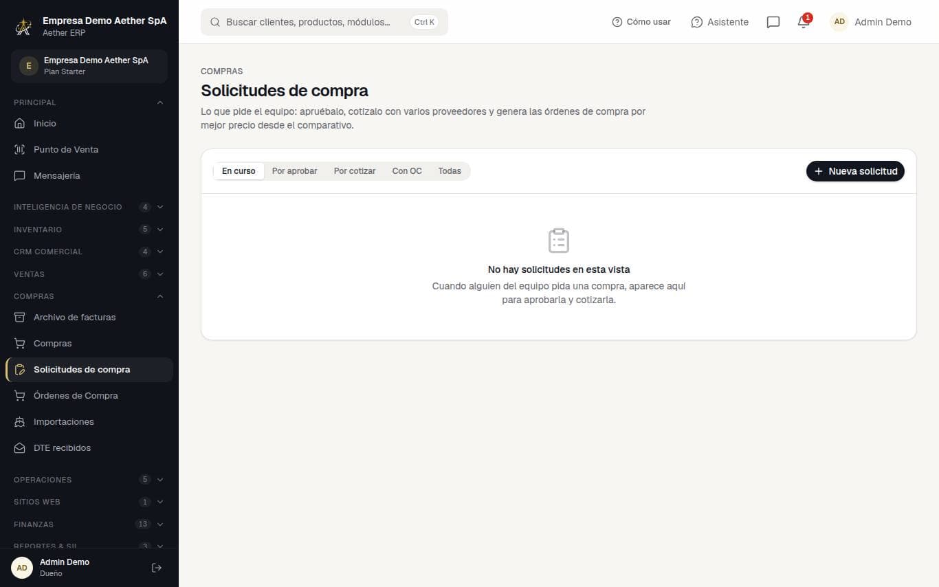 Captura de la pantalla: Solicitudes de compra y cotizaciones